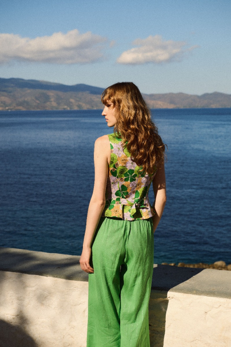 Γιλέκο λινό ριγέ lurex με floral πλάτη 